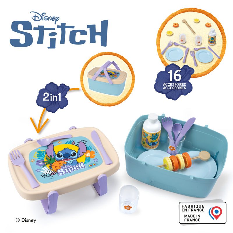 Disney Cesta de Piquenique 2 em 1 Stitch Smoby Mesa de Brincar de Faz de Conta com 16 Acessórios
