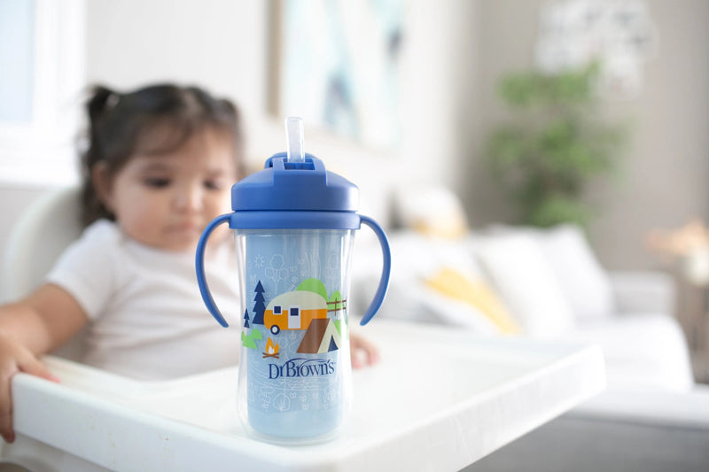 Dr. Brown's Copo térmico com canudo e alças para camping, 300ml, azul, para crianças a partir de 12 meses