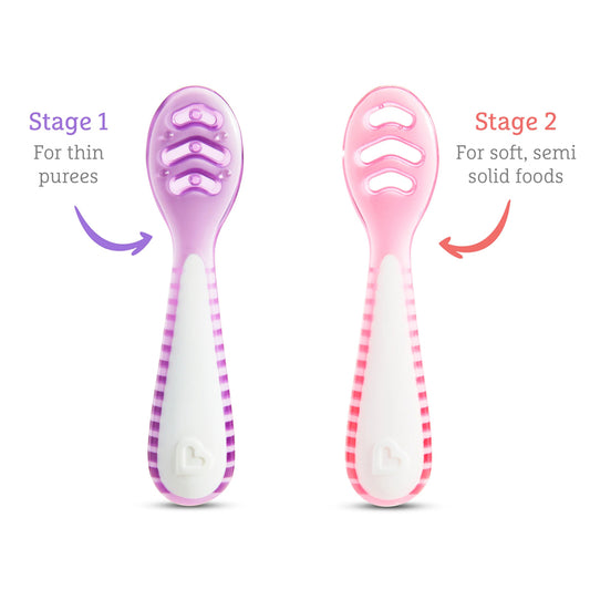 Munchkin Colheres Gentle Dip Multistage First, rosa e roxa, pacote com 3 unidades.