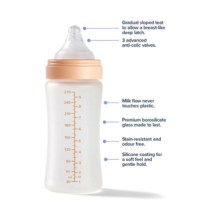 Nuby Mamadeira de Vidro com Revestimento de Silicone RapidBottle Bege 150ml | Bico de Fluxo Lento Livre de BPA