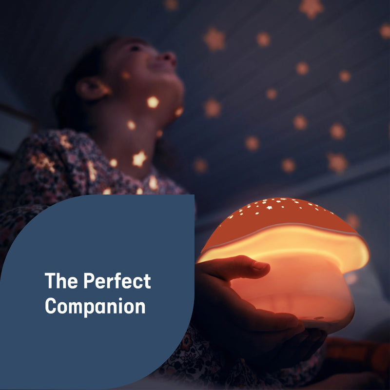 Angelcare Pabobo da - Projetor Musical de Estrelas em Formato de Cogumelo - Uma experiência relaxante em tons de rosa com luz e música.