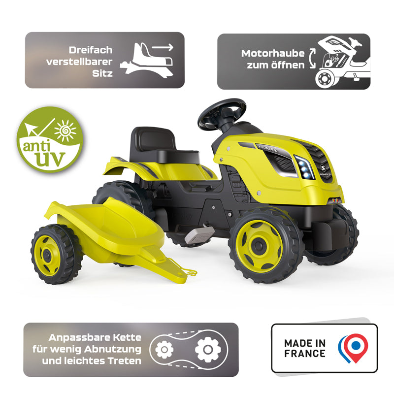 Smoby Farmer Trator a Pedal  XL Verde com Reboque Removível, Assento Ajustável, Buzina e Capô que Abre