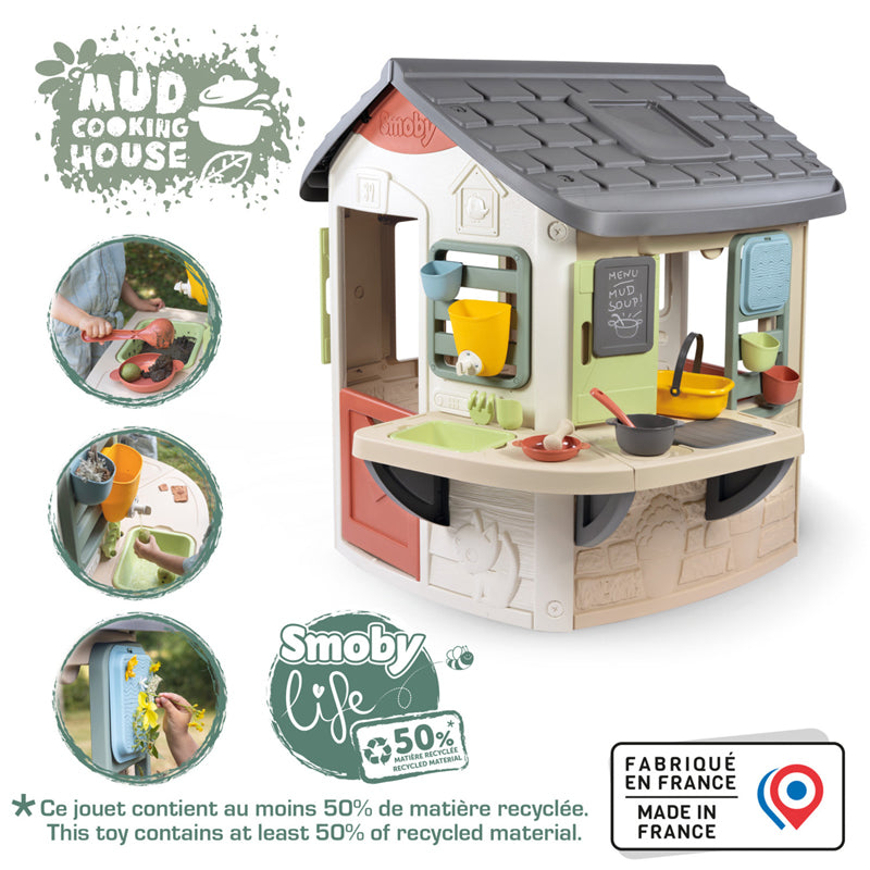 Smoby Life Mud Cooking House Kids Outdoor Play Kitchen with Water Tank, Bowls, Utensils & Chalkboard