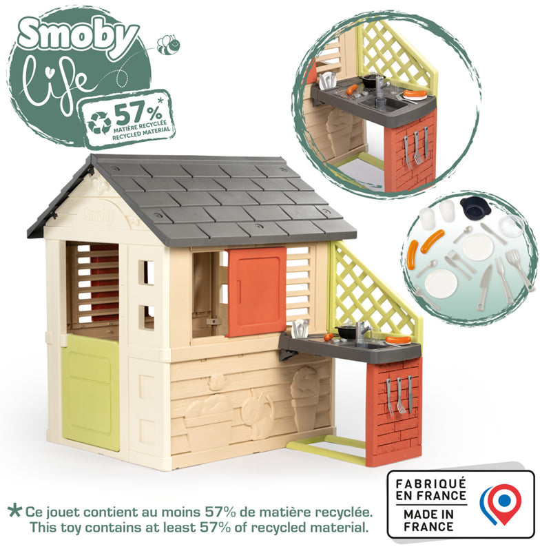 Smoby Life Nature Playhouse with Outdoor Kitchen, Grill, Accessories, 2 Windows & Shutters for Kids