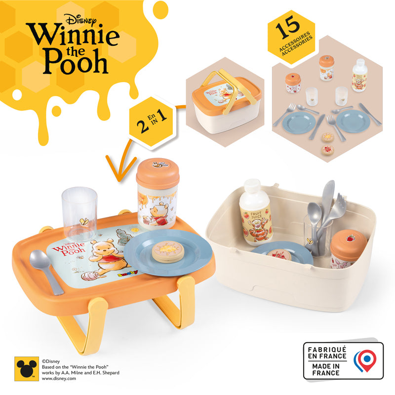 Winnie the Pooh Conjunto de Brinquedo de Faz de Conta Smoby Disney – Cesta de Piquenique 2 em 1 com 15 Acessórios (Mesa, Comida, Pratos e Talheres) – Fabricado na França