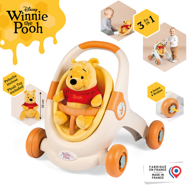Winnie The Pooh Andador 3 em 1 the Pooh com Pelúcia, Carrinho de Boneca e Assento Removível, Assento Giratório Ajustável, Sistema de Freio nas Rodas, Auxílio para Caminhada, 12+ Meses