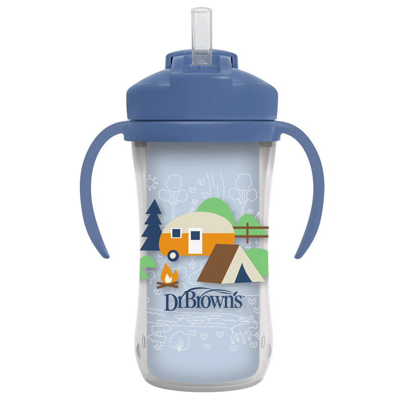 Dr. Brown's Copo térmico com canudo e alças para camping, 300ml, azul, para crianças a partir de 12 meses
