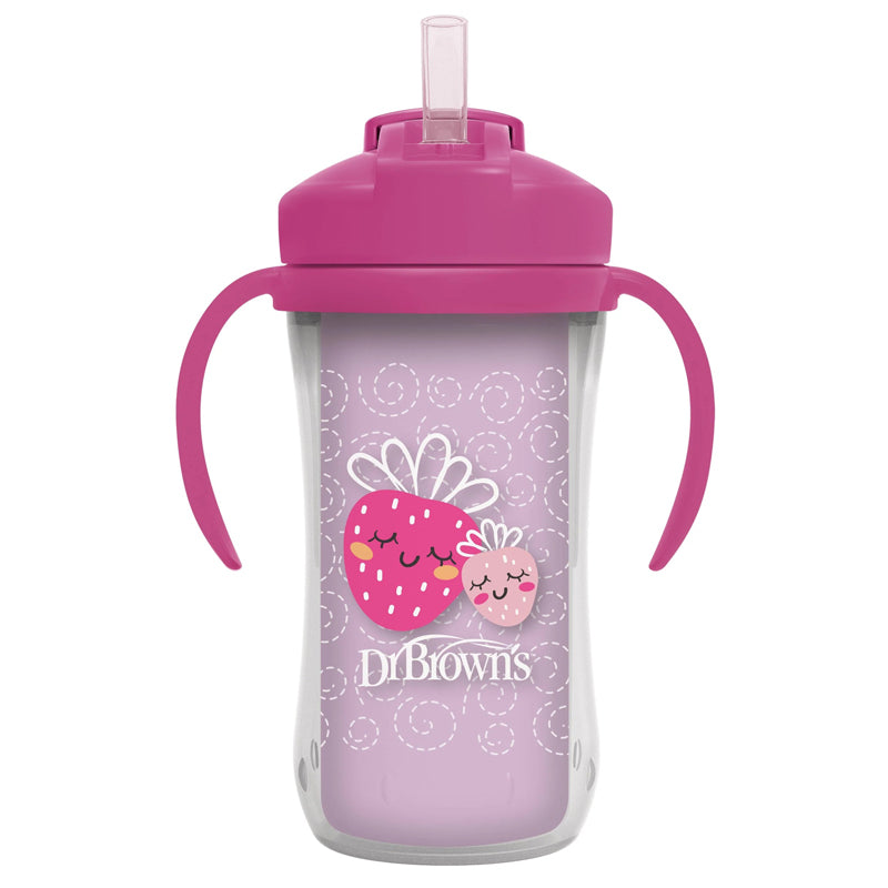Dr. Brown's Copo térmico com canudo e alças para bebês a partir de 12 meses, estampa de morangos rosa, 300ml