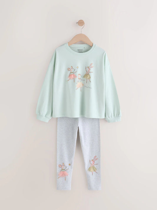|Girl| Conjunto De Camiseta e Leggings De Manga Comprida Green Pretty Bunny Fairy (3 meses a 7 anos)