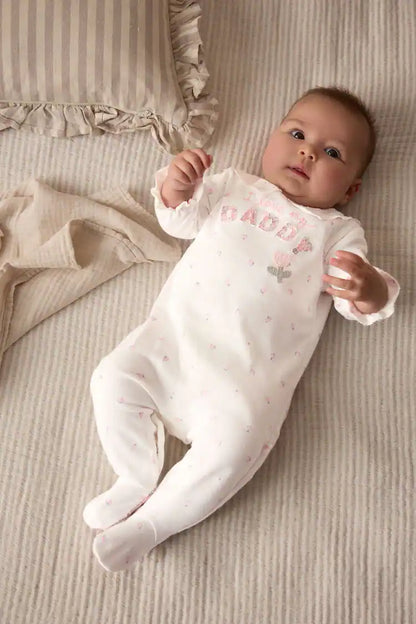 |BabyGirl| Macacão De Dormir Ecru Daddy Baby Family 100% Azlgodão (0-2 anos)