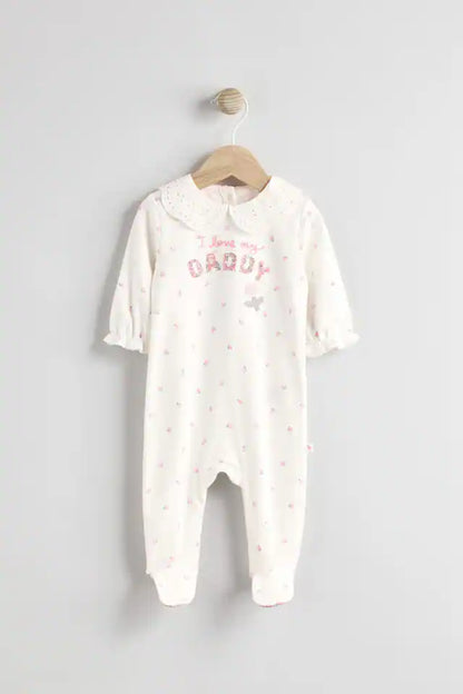 |BabyGirl| Macacão De Dormir Ecru Daddy Baby Family 100% Azlgodão (0-2 anos)