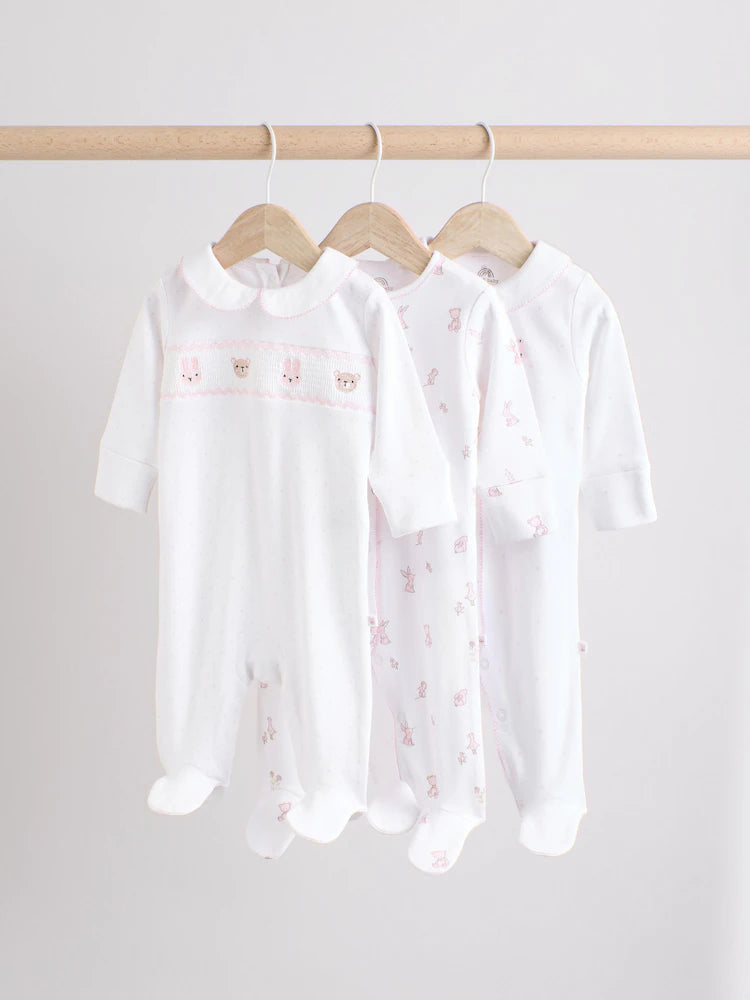 |BabyGirl| Conjunto De 3 Macacões De Dormir 100% Algodão Com Gola Branca Para Bebê