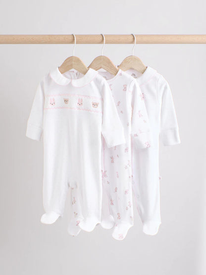 |BabyGirl| Conjunto De 3 Macacões De Dormir 100% Algodão Com Gola Branca Para Bebê
