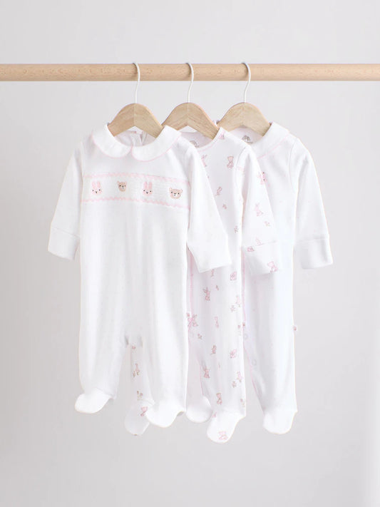 |BabyGirl| Conjunto De 3 Macacões De Dormir 100% Algodão Com Gola Branca Para Bebê