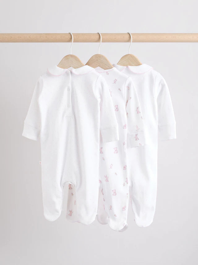 |BabyGirl| Conjunto De 3 Macacões De Dormir 100% Algodão Com Gola Branca Para Bebê