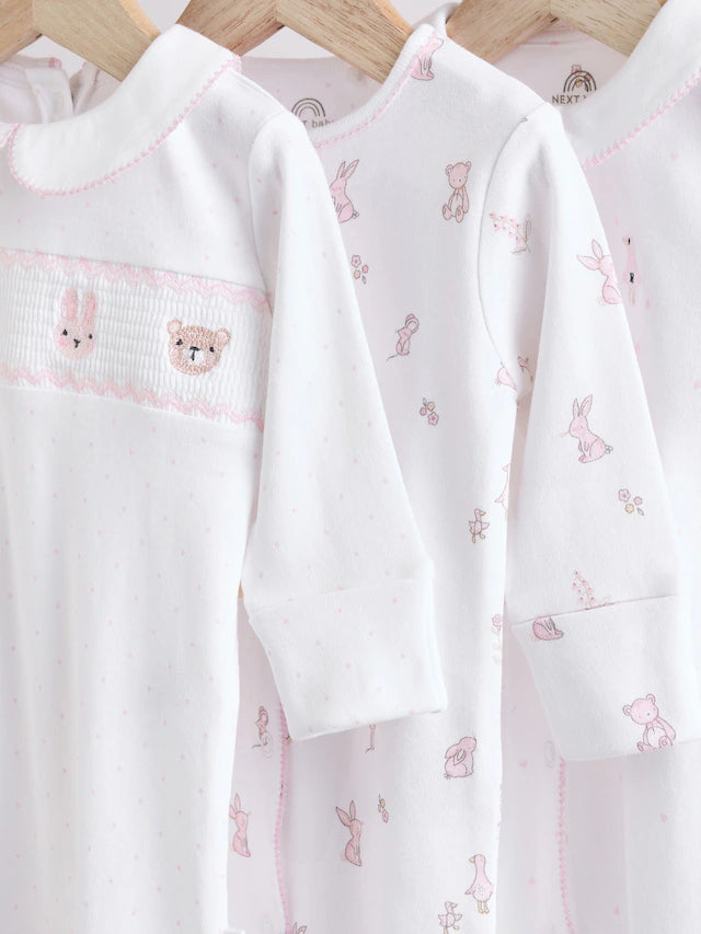 |BabyGirl| Conjunto De 3 Macacões De Dormir 100% Algodão Com Gola Branca Para Bebê