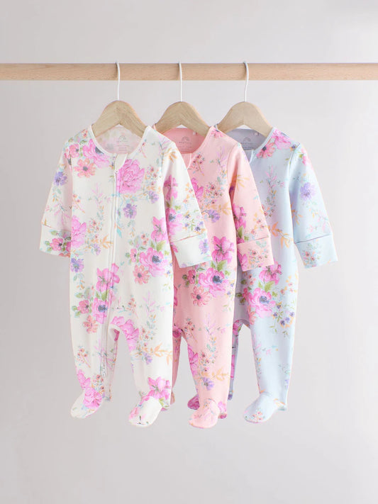|BabyGirl| Macacão De Dormir 100% Algodão Floral Rosa Para Bebê, Pacote com 3 (0 meses a 2 anos)