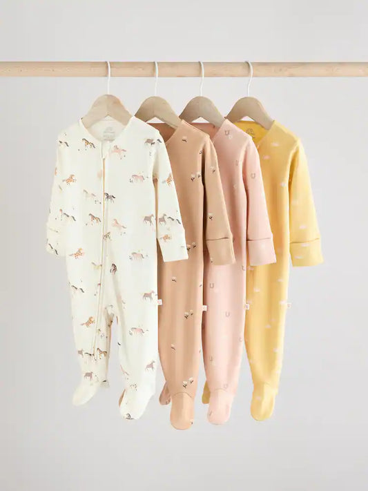 |BabyGirl| Conjunto De 4 Pijamas Multi-Bebê Com zíper Bidirecional 100% Algodão (0 meses a 2 anos)