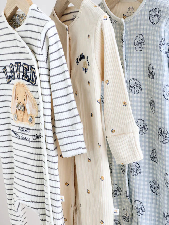 |BabyBoy| Macacão De Dormir Azul/Branco Para Bebê 100% Algodão, Pacote Com 3 Peças (0 meses a 2 anos)