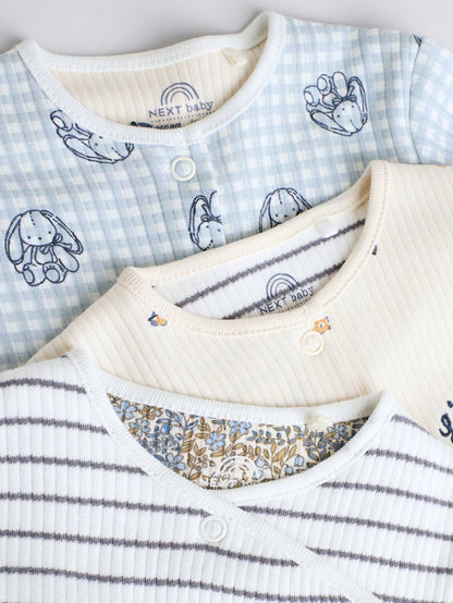 |BabyBoy| Macacão De Dormir Azul/Branco Para Bebê 100% Algodão, Pacote Com 3 Peças (0 meses a 2 anos)