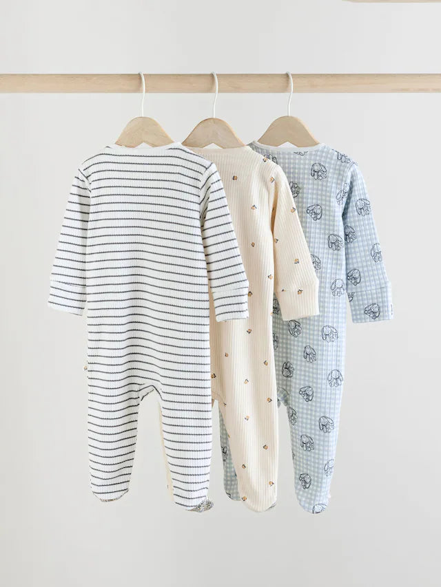 |BabyBoy| Macacão De Dormir Azul/Branco Para Bebê 100% Algodão, Pacote Com 3 Peças (0 meses a 2 anos)