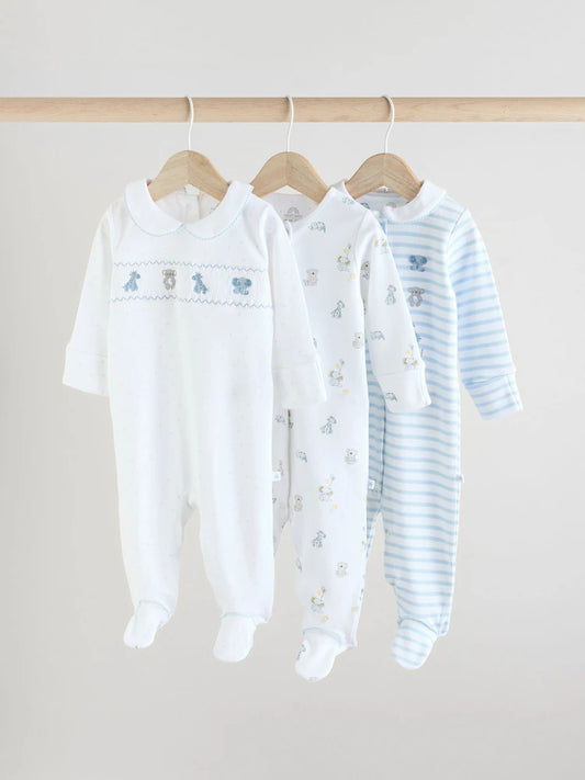 |BabyGirl| Macacão De Dormir Azul/Branco Bordado Para Bebê 100% Algodão, Pacote Com 3 Peças (0-2 anos)