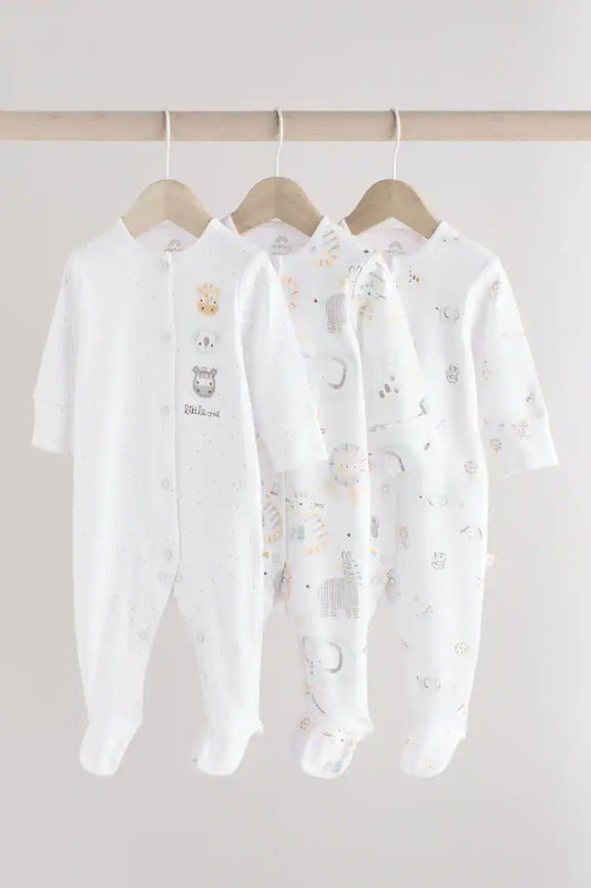|BabyGirl| Macacão De Dormir 100% Algodão Estampado Animal Branco Para Bebês, Pacote Com 3 unidades (0 a 2 anos)