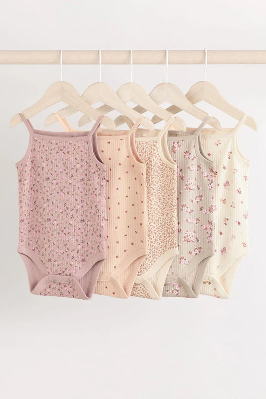 |BabyGirl| Colete De Tiras Caramelo Ditsy Para Bebês 100% Algodão, Pacote Com 5 Unidades