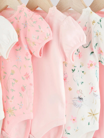 |BabyGirl| Pink Mouse 100% Algodão Manga Curta Macacão Bebê 5 Unidades