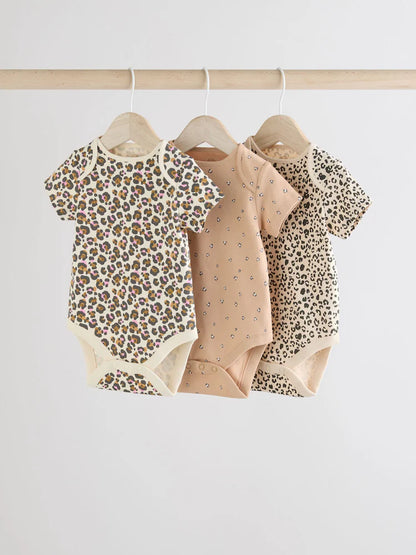 |BabyGirl| Body Para Bebê Marrom Animal Manga Curta 100% Algodão, Pacote Com 3