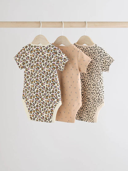 |BabyGirl| Body Para Bebê Marrom Animal Manga Curta 100% Algodão, Pacote Com 3