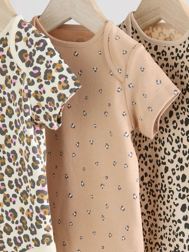 |BabyGirl| Body Para Bebê Marrom Animal Manga Curta 100% Algodão, Pacote Com 3