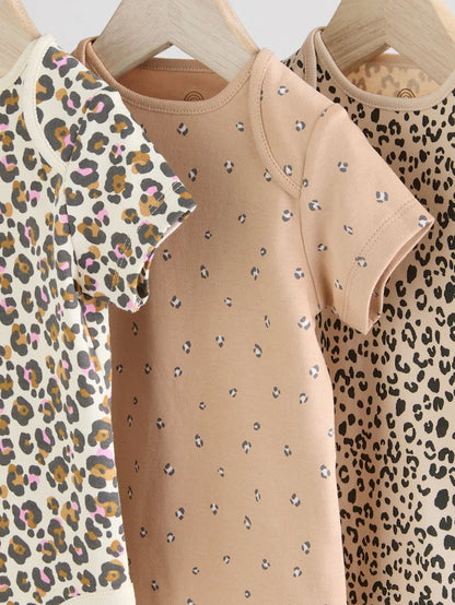 |BabyGirl| Body Para Bebê Marrom Animal Manga Curta 100% Algodão, Pacote Com 3