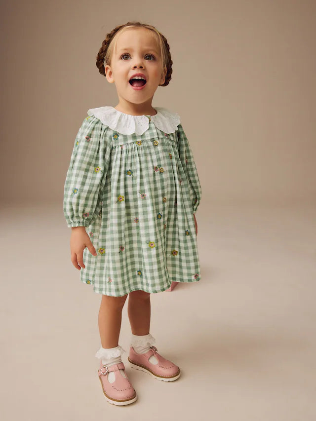 |Girl| Vestido De Manga Comprida Com Gola Bordada e Xadrez Verde 100% Algodão (3 meses a 8 anos)