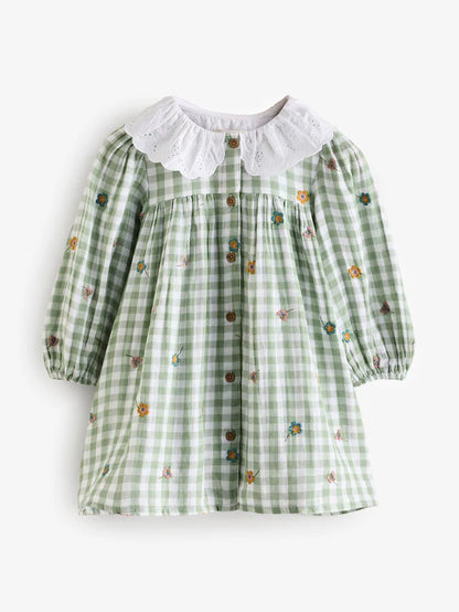 |Girl| Vestido De Manga Comprida Com Gola Bordada e Xadrez Verde 100% Algodão (3 meses a 8 anos)