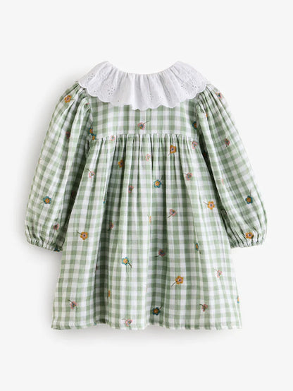 |Girl| Vestido De Manga Comprida Com Gola Bordada e Xadrez Verde 100% Algodão (3 meses a 8 anos)