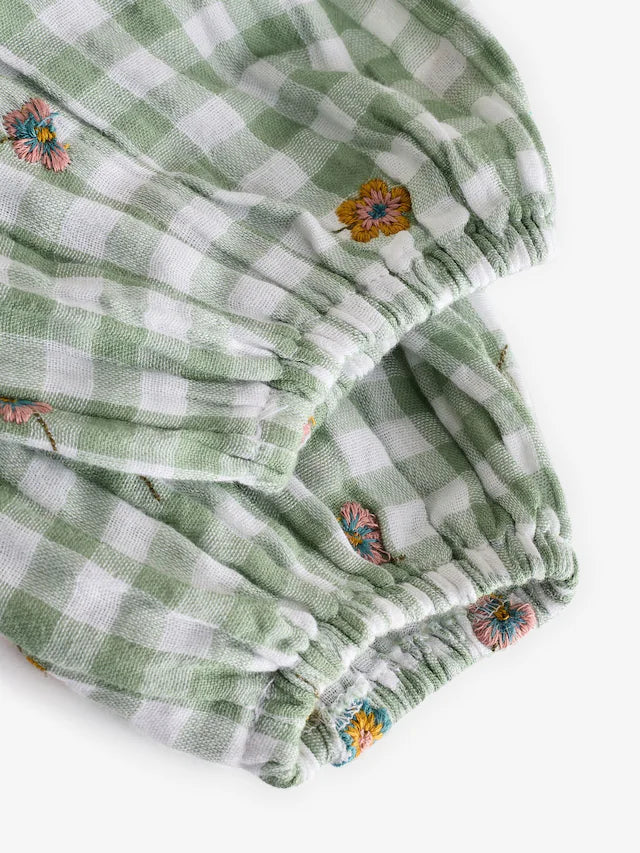 |Girl| Vestido De Manga Comprida Com Gola Bordada e Xadrez Verde 100% Algodão (3 meses a 8 anos)