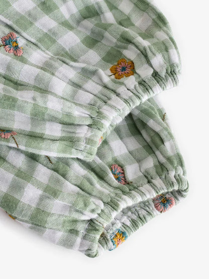 |Girl| Vestido De Manga Comprida Com Gola Bordada e Xadrez Verde 100% Algodão (3 meses a 8 anos)