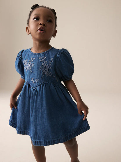 |Girl| Vestido Jeans Bordado Azul (3 meses a 8 anos)