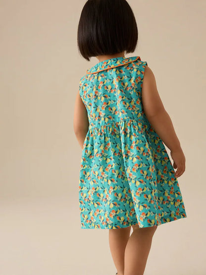 |Girl| Vestido Sem Mangas Estampado Azul-Petróleo 100% Algodão Com Gola (3 meses a 10 anos)