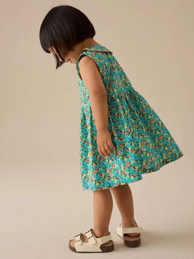 |Girl| Vestido Sem Mangas Estampado Azul-Petróleo 100% Algodão Com Gola (3 meses a 10 anos)