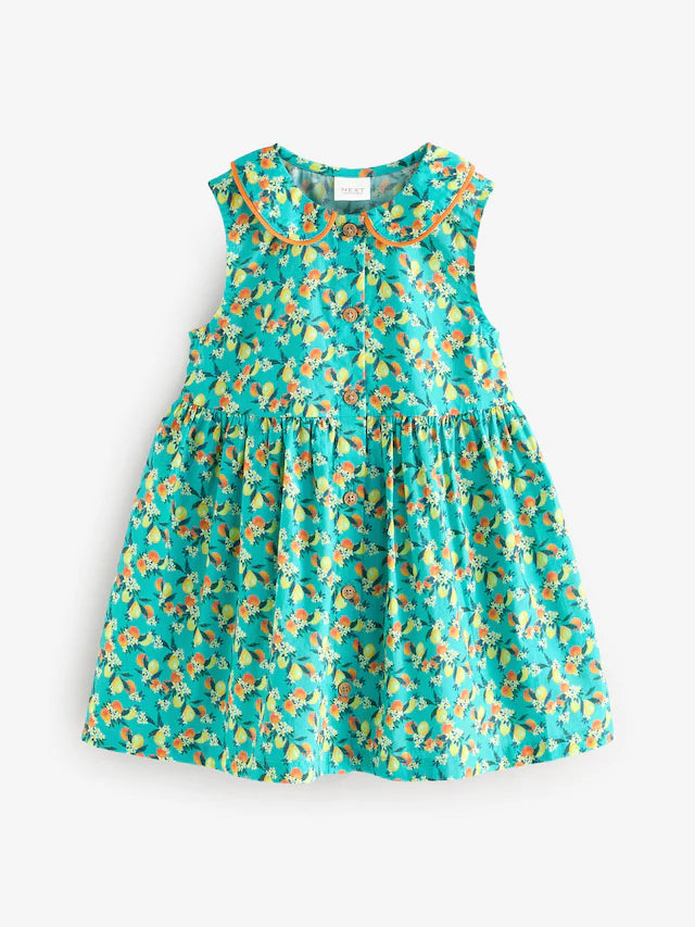 |Girl| Vestido Sem Mangas Estampado Azul-Petróleo 100% Algodão Com Gola (3 meses a 10 anos)