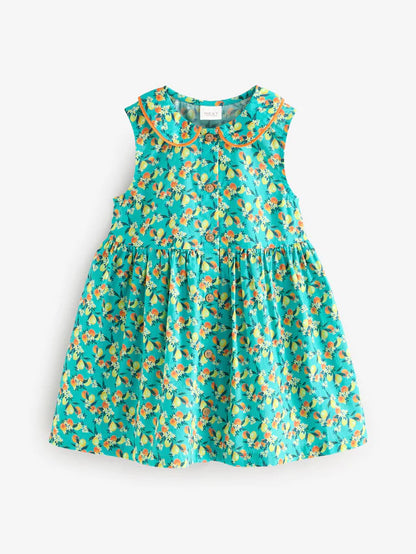 |Girl| Vestido Sem Mangas Estampado Azul-Petróleo 100% Algodão Com Gola (3 meses a 10 anos)