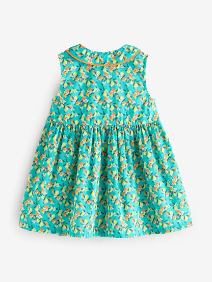 |Girl| Vestido Sem Mangas Estampado Azul-Petróleo 100% Algodão Com Gola (3 meses a 10 anos)