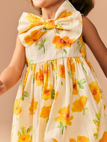 |Girl| Vestido Com Laço e Bainha De Bolhas Floral Laranja (3 meses a 8 anos)