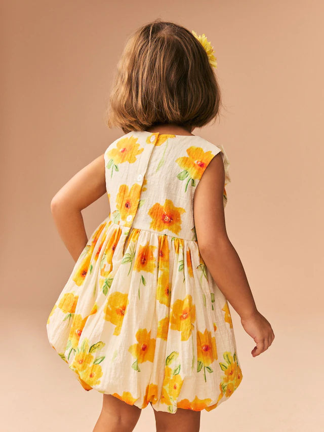 |Girl| Vestido Com Laço e Bainha De Bolhas Floral Laranja (3 meses a 8 anos)