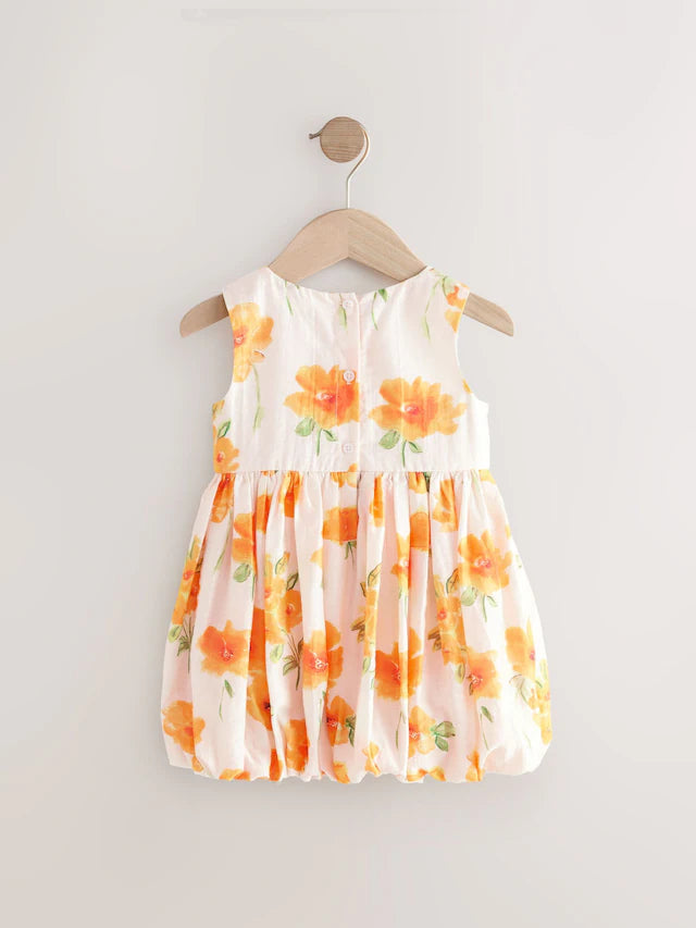 |Girl| Vestido Com Laço e Bainha De Bolhas Floral Laranja (3 meses a 8 anos)