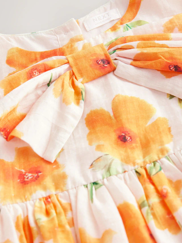 |Girl| Vestido Com Laço e Bainha De Bolhas Floral Laranja (3 meses a 8 anos)