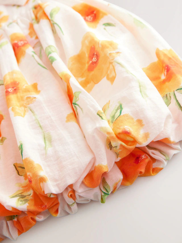 |Girl| Vestido Com Laço e Bainha De Bolhas Floral Laranja (3 meses a 8 anos)