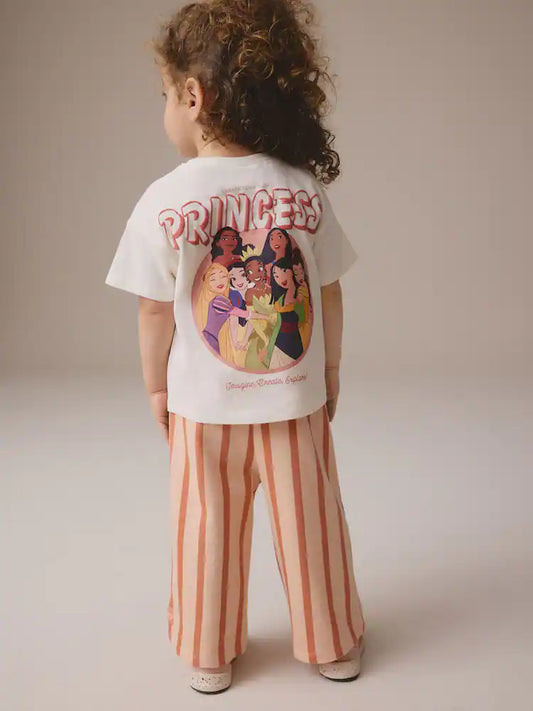 |Girl| Conjunto De Camiseta Creme 100% Algodão Disney Princess Manga Curta e Calça Larga